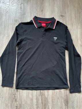 GUESS Men’s Black Long Sleeve Polo with Red-Trim Collar